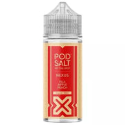 A 100ml bottle of Pod Salt Nexus e-liquid with a red label, featuring Apple Peach flavor, and indicating a 70VG/30PG ratio.
